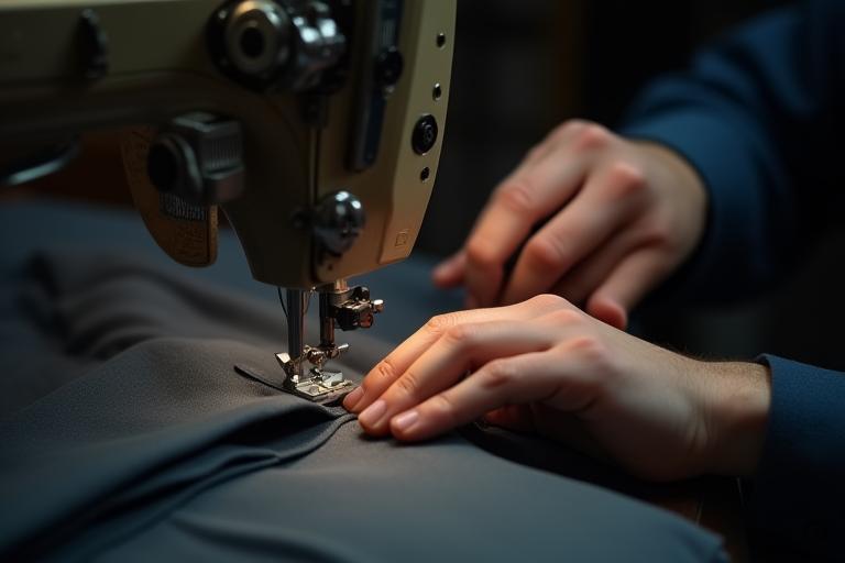 Close-up of a tailor working on a suit sleeve