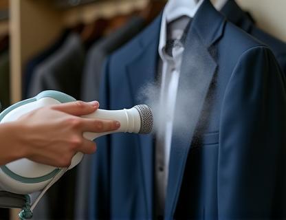 Person using a garment steamer on a suit