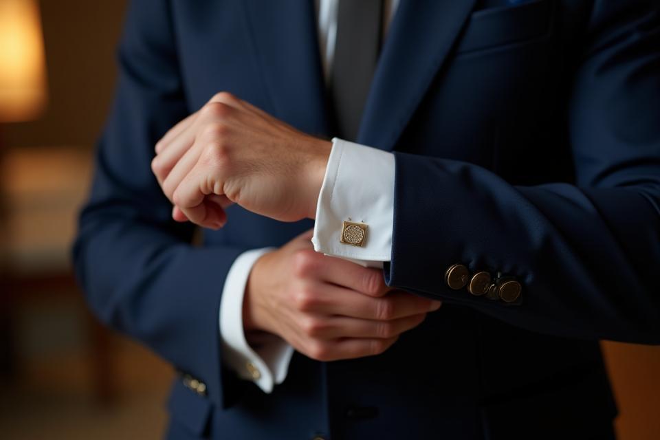 Elegantly dressed man adjusting cufflinks in a well-tailored suit